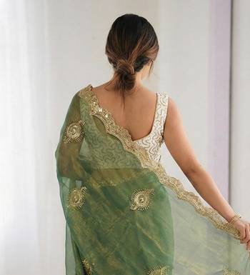 green silk blend embroidered & lace border saree with blouse 5