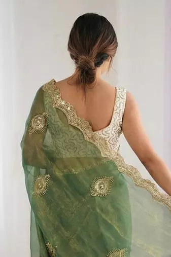 green silk blend embroidered & lace border saree with blouse