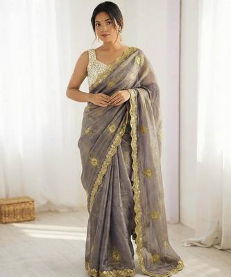grey silk blend embroidered & lace border saree with blouse 1