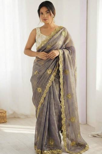 grey silk blend embroidered & lace border saree with blouse