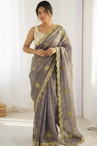 grey silk blend embroidered & lace border saree with blouse