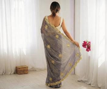grey silk blend embroidered & lace border saree with blouse 2