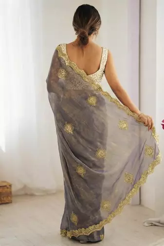 grey silk blend embroidered & lace border saree with blouse
