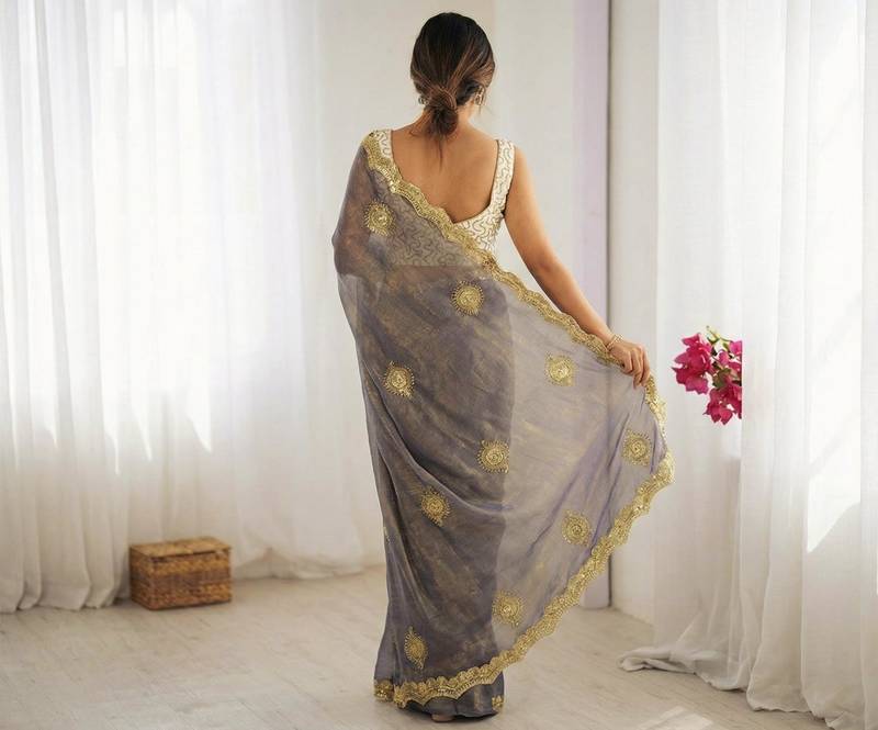 grey silk blend embroidered & lace border saree with blouse