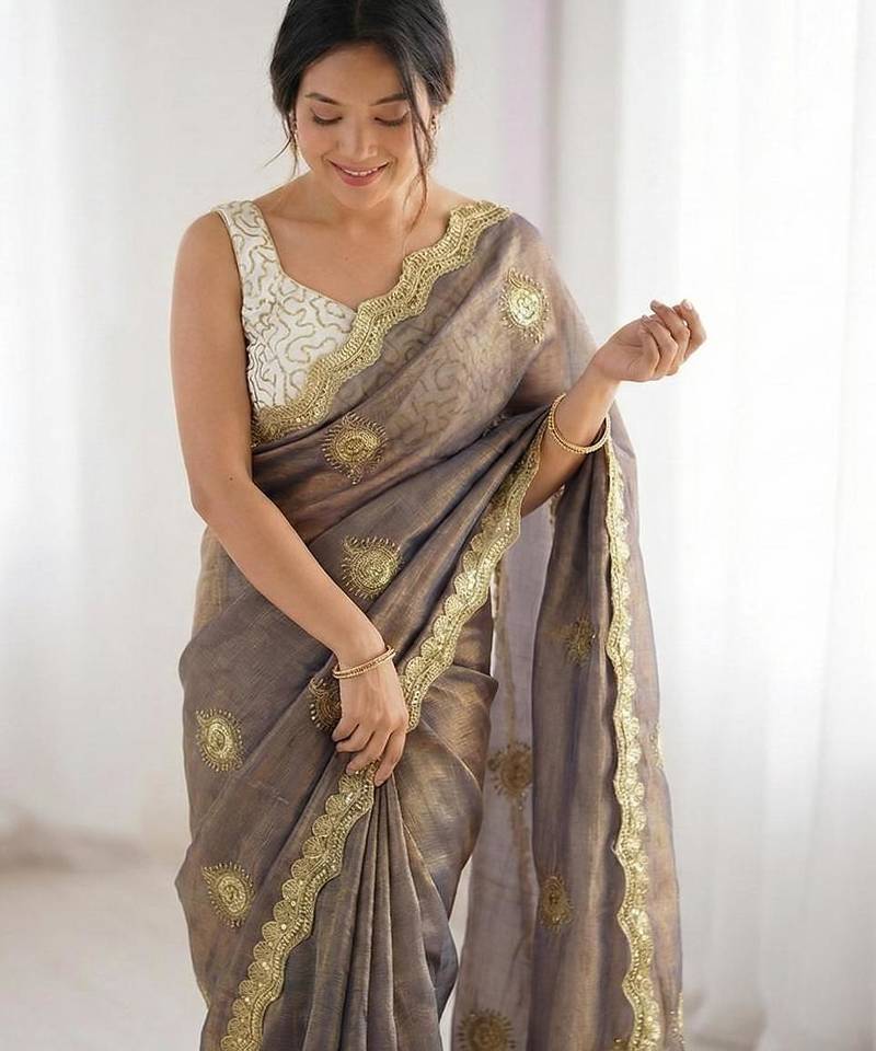 grey silk blend embroidered & lace border saree with blouse