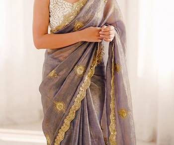 grey silk blend embroidered & lace border saree with blouse 4
