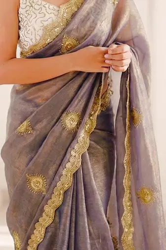grey silk blend embroidered & lace border saree with blouse