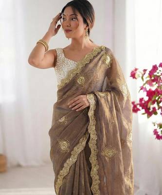 grey silk blend embroidered & lace border saree with blouse 5
