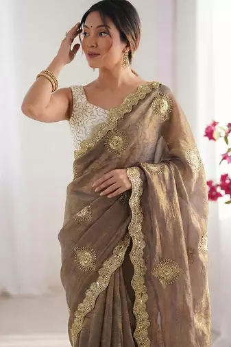 grey silk blend embroidered & lace border saree with blouse