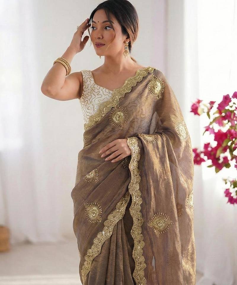 grey silk blend embroidered & lace border saree with blouse