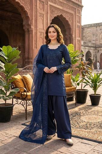 Blue natural crepe farshi salwar suit set