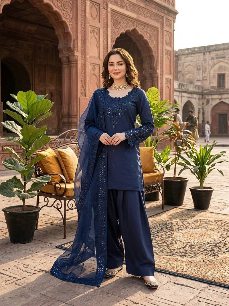 Blue natural crepe farshi salwar suit set
