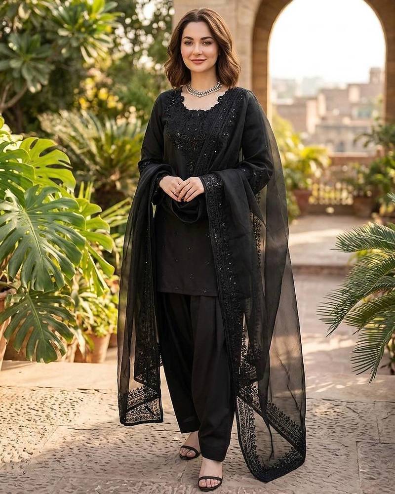 Black natural crepe farshi salwar suit set