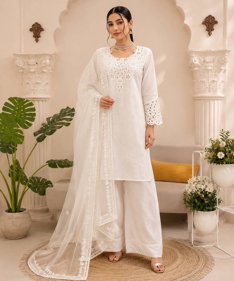 White natural crepe farshi salwar suit set