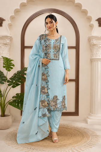 Sky blue jmc silk thread work suit set
