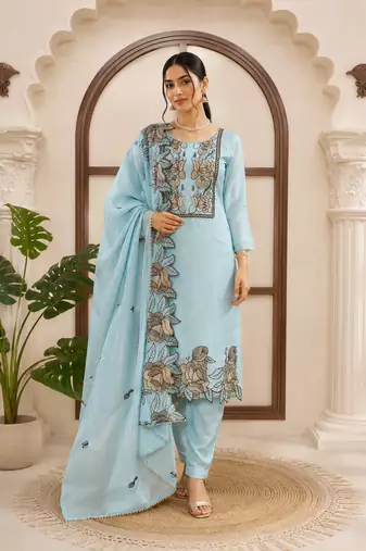Sky blue jmc silk thread work suit set