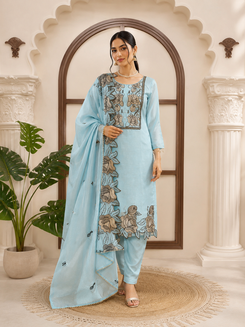 Sky blue jmc silk thread work suit set