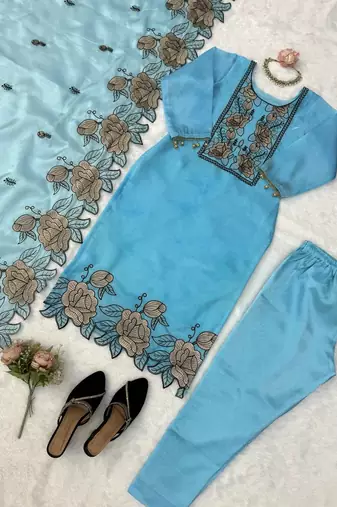 Sky blue jmc silk thread work suit set