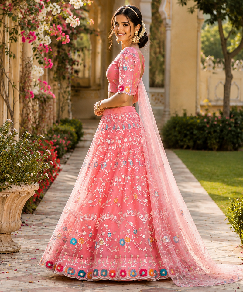 PINK SOFT NET LEHENGA CHOLI WITH DUPATTA FESTIVAL WEAR COLLECTION