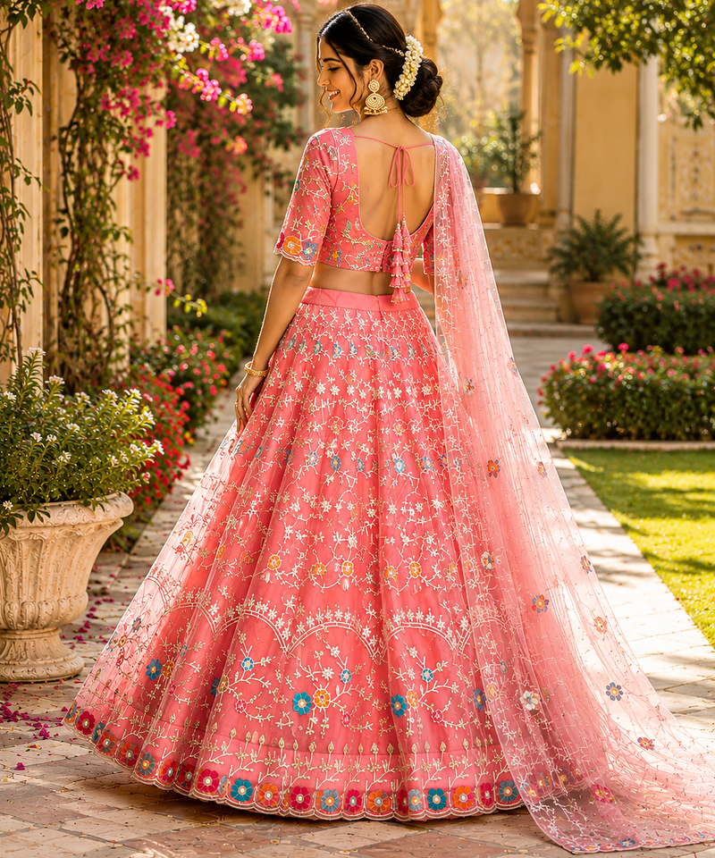 PINK SOFT NET LEHENGA CHOLI WITH DUPATTA FESTIVAL WEAR COLLECTION