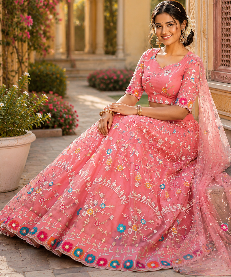 PINK SOFT NET LEHENGA CHOLI WITH DUPATTA FESTIVAL WEAR COLLECTION