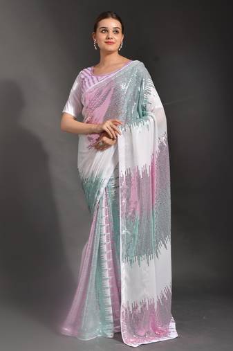 Designer heavy georgette saree with multicolored sequins embroidery work & satin banglori blouse