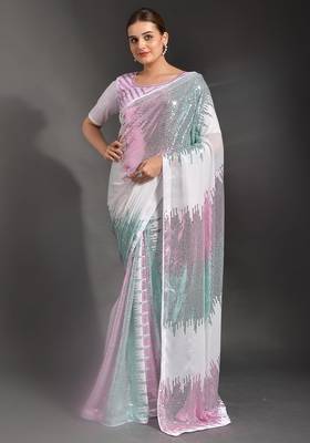 Designer heavy georgette saree with multicolored sequins embroidery work & satin banglori blouse 2