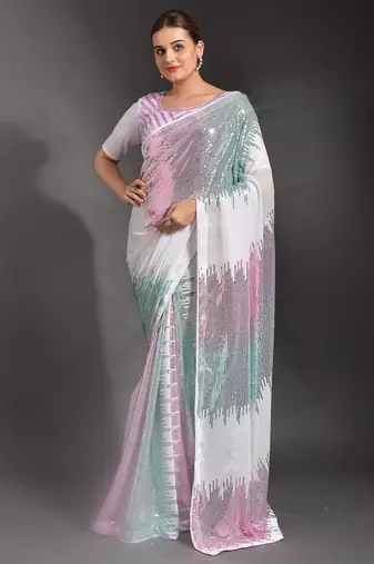 Designer heavy georgette saree with multicolored sequins embroidery work & satin banglori blouse