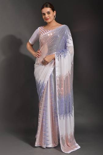 Designer heavy georgette saree with multicolored sequins embroidery work & satin banglori blouse