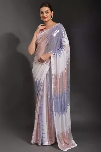 Designer heavy georgette saree with multicolored sequins embroidery work & satin banglori blouse