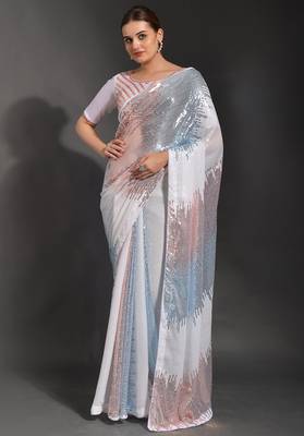 Designer heavy georgette saree with multicolored sequins embroidery work & satin banglori blouse 1