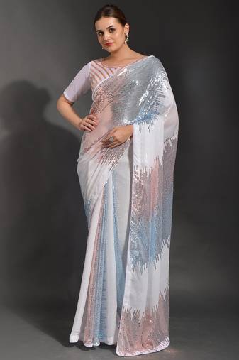 Designer heavy georgette saree with multicolored sequins embroidery work & satin banglori blouse