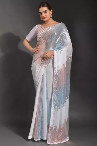 Designer heavy georgette saree with multicolored sequins embroidery work & satin banglori blouse