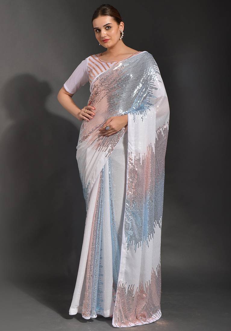 Designer heavy georgette saree with multicolored sequins embroidery work & satin banglori blouse