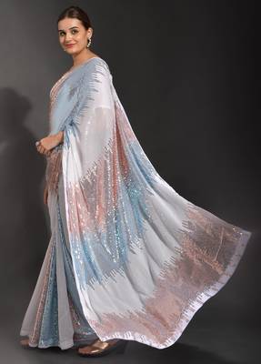 Designer heavy georgette saree with multicolored sequins embroidery work & satin banglori blouse 2