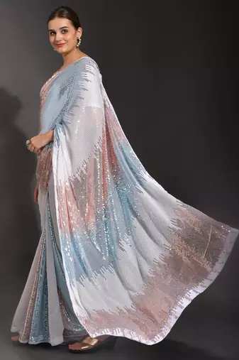Designer heavy georgette saree with multicolored sequins embroidery work & satin banglori blouse