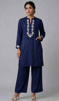 Blue embroidered rayon kurta set 3