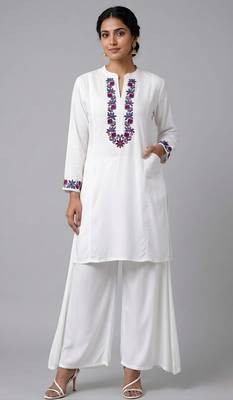 White embroidered rayon kurta set 3