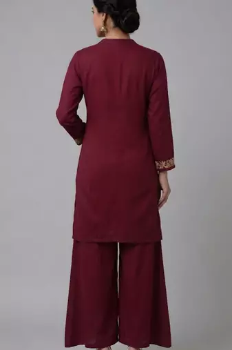 Maroon embroidered rayon kurta set