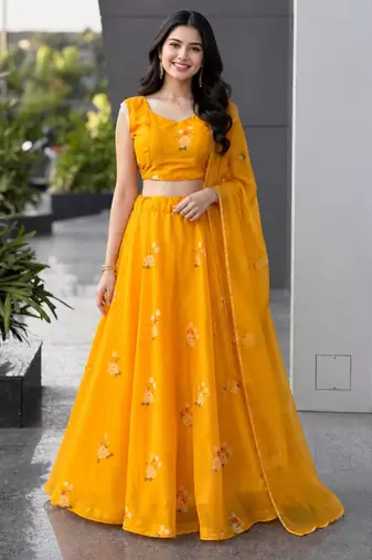 mustard organza printed lehenga choli