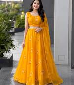 mustard organza printed lehenga choli