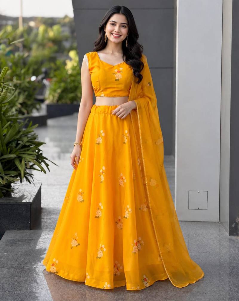 mustard organza printed lehenga choli