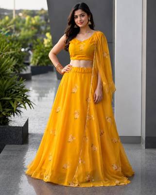 mustard organza printed lehenga choli 2