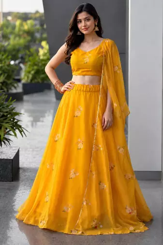 mustard organza printed lehenga choli