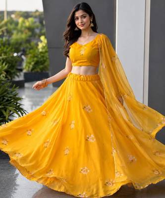 mustard organza printed lehenga choli 3