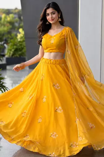 mustard organza printed lehenga choli