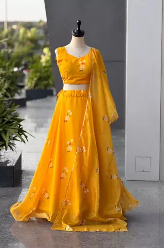 mustard organza printed lehenga choli