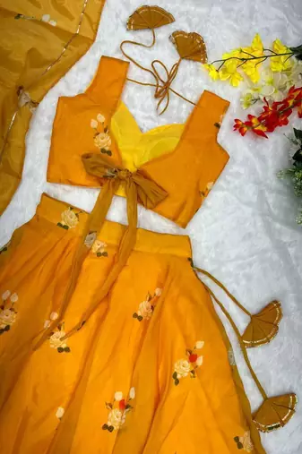 mustard organza printed lehenga choli