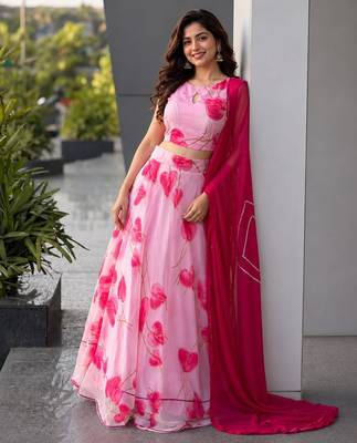 baby pink organza printed lehenga choli with free size upto 38 1
