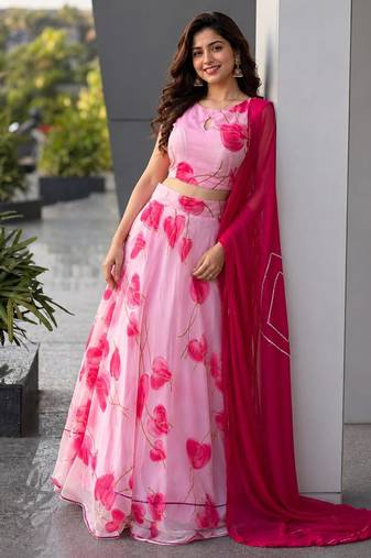 baby pink organza printed lehenga choli